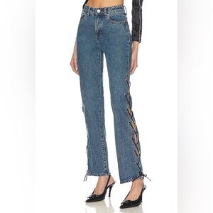 Superdown Revolve Jayda Lace Up Jean in Mid Blue Wash 29